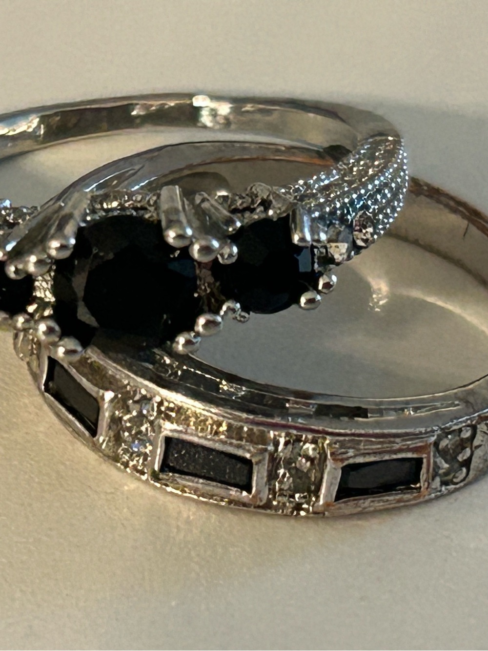 Round Cut Black Onyx 3 Stone Vintage Engagement Ring Set 14K White Gold Plated